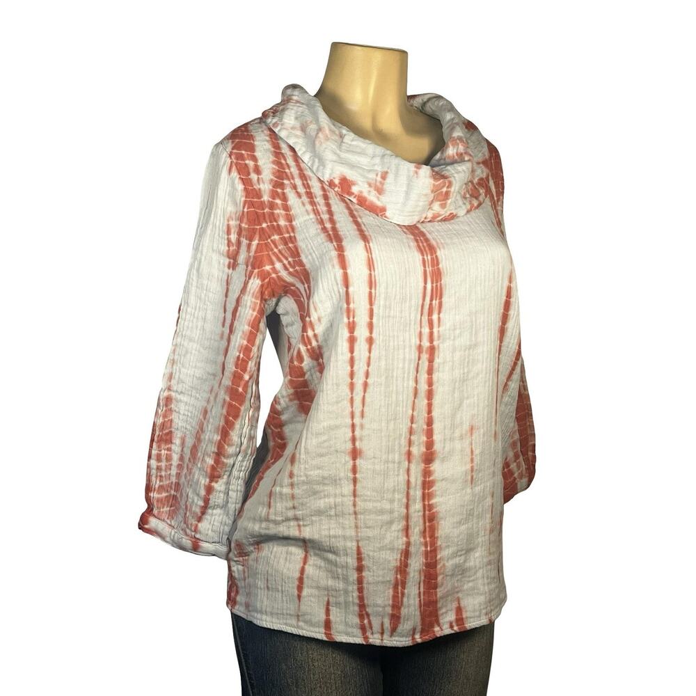 Soft Surroundings Pullover Womens Medium Red White Tie Dye Cowl Neck Cotton Top